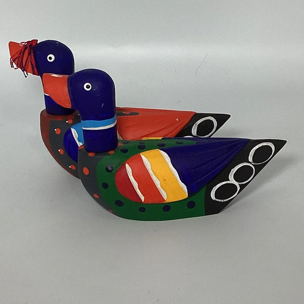 Vintage Hand Painted Wooden Korean Wedding Ducks‎ Collectible Pair by Donghae